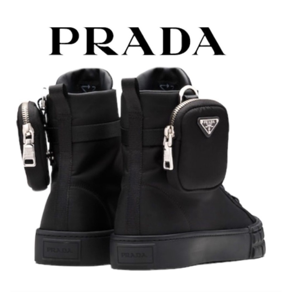 PRADA Wheel Re-Nylon Zip Pouch Black High-Top Sneakers with Mini Side Pouch - Picture 5 of 9